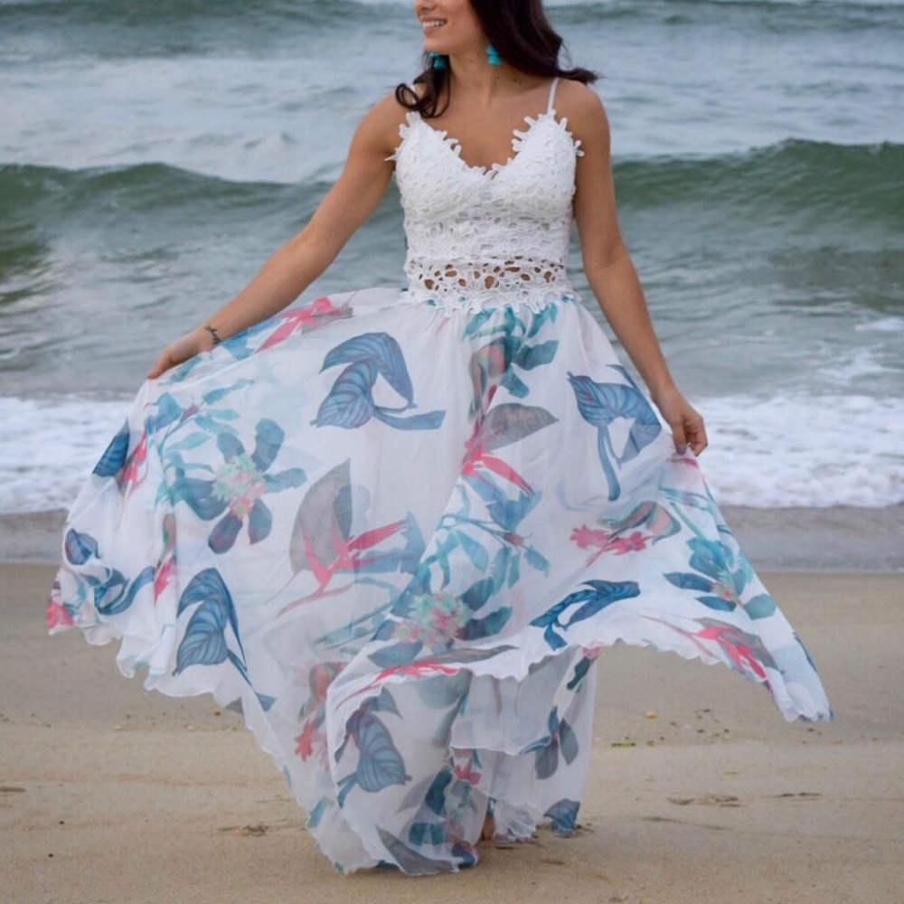 Tropical Floral Watercolor Maxi Skirt in White